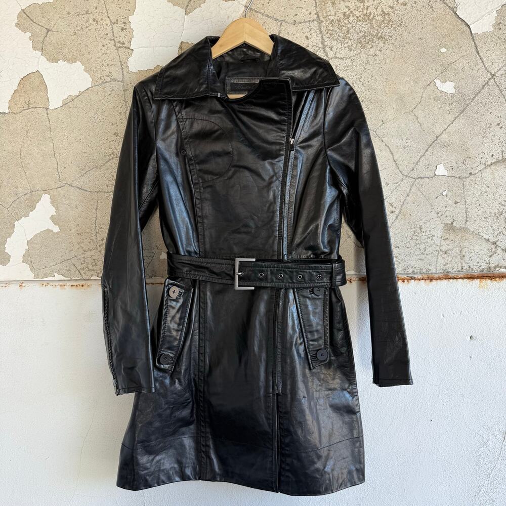 Kenneth Cole New York Genuine Leather Trench Coat Black Belted Jacket Womens S